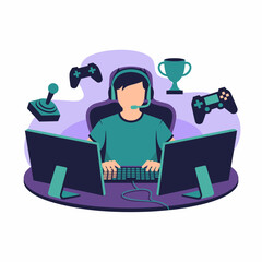 Gamer playing video games on computer with multiple monitors and controllers