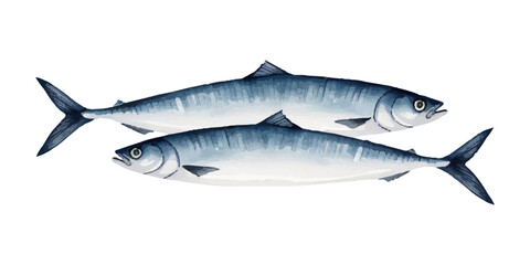 Watercolor sardines. Simple Scandinavian style decor in soft blue and brown tones. Hand drawn aesthetic, cozy and marine composition. Isolated on white background. Vector © Victoriya
