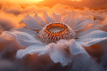 A majestic white flower adorned with dewdrops, gracefully emerging from a gentle mist against a radiant golden sunrise.