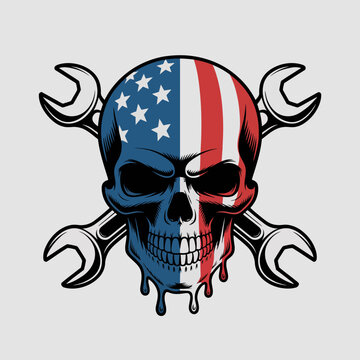 American flag skull with crossed wrenches illustration