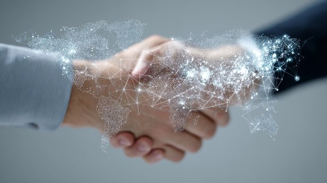 Dynamic digital handshake overlayed with glowing global map, stock market graphs, and network icons emphasizing international business, technology, and connectivity