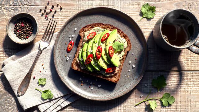 kitchen flatlay aesthetics: Delicious Avocado Toast and Steaming Coffee, a Healthy Morning Breakfast Beautifully Arranged on a Rustic Wooden Table, Perfect for Food Photography.