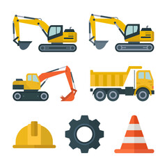 Construction equipment and safety gear illustration on white background