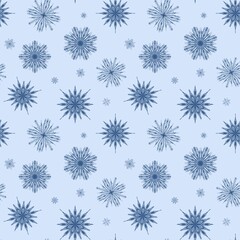 Monochromatic Snowflake Seamless Pattern. Detailed Blue Snowflakes on Light Blue Winter Background for Textiles.