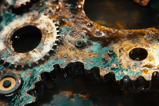 Close-up of severely rusted industrial gears, showing intricate corrosion, verdigris patina, and trapped water droplets on an aged mechanism. - Powered by Adobe