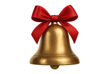 Golden christmas bell ringing for holiday celebration, red satin bow decorating festive ornament on transparent background