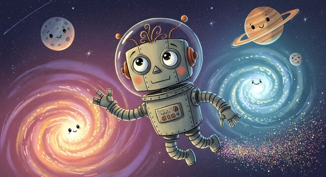 Whimsical illustration of a friendly robot floating in outer space, surrounded by smiling planets, colorful galaxies, and stars, capturing the wonder and imagination of interstellar adventures for chi