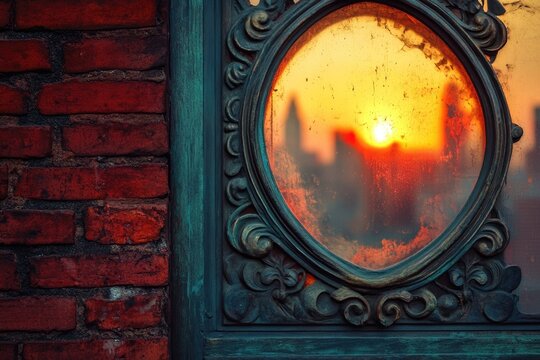 Ornate, weathered window reflects a vibrant urban sunset over blurred city buildings, juxtaposed against a textured red brick wall. - Powered by Adobe