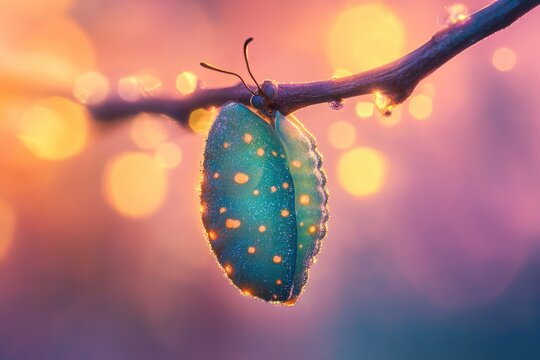 Magical glowing insect nymph with bioluminescent spots clinging to a twig, set against a shimmering, dreamy bokeh backdrop.