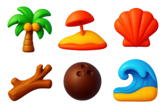 Tropical Icon Collection. 3D icon set of tropical coast: palm tree, sandy beach, seashell, driftwood, coconut, shoreline wave. A