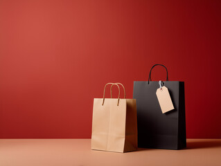 Brown and black paper shopping bags with tag on red background