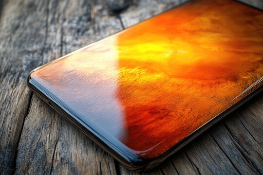 A modern smartphone showcasing a vibrant, fiery orange and yellow abstract screen, reflecting light on a rustic wooden surface.