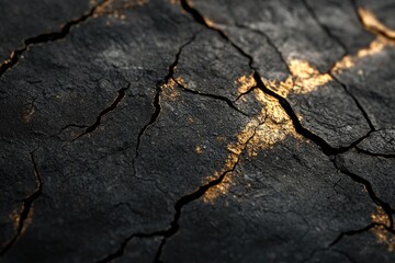 Fototapeta premium A close-up of dark, cracked texture with shimmering golden lines filling the fissures, creating a kintsugi-like aesthetic or a rich mineral vein pattern.