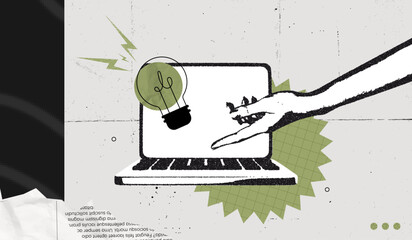 Trendy Halftone Stipple effect Laptop and Hand holds lightbulb. Online education and study. Business solutions. Marketing time. Creative mind or brainstorm. Retro vintage vector illustration art