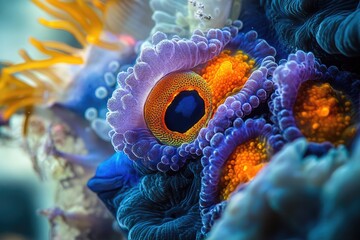 Obraz premium Close-up of vibrant coral or sea anemones. Intricate purple frills surround striking orange and blue eye-like structures, revealing abstract, alien underwater beauty.