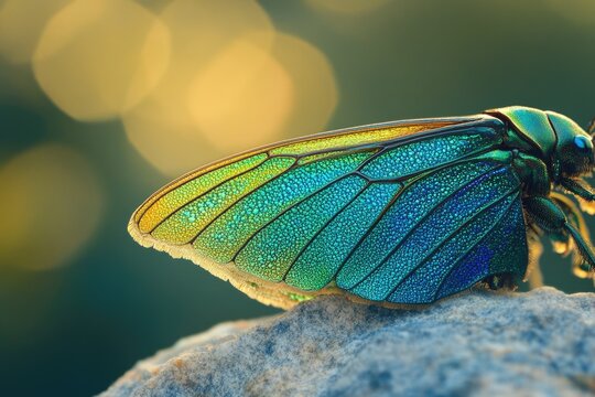 Mesmerizing iridescent insect wing displays vibrant golden yellow to emerald green and sapphire blue gradient, resting on a textured surface with bokeh.