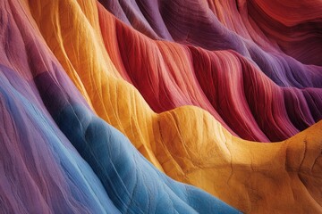 Stunning colorful geological formations, with undulating layers of rock. A vibrant abstract landscape showcasing blue, purple, orange, and red strata.