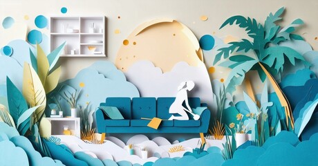 Fototapeta premium Papercraft scene depicts cozy living space. Woman relaxes on sofa amid stylized plants, sun, clouds. Warm tones, layered design.