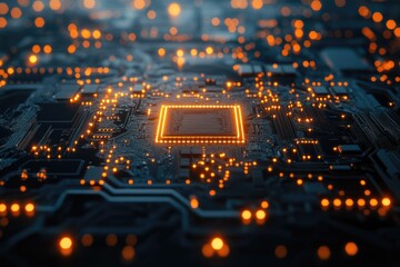 A futuristic circuit board pulses with orange light, highlighting a central processing unit, symbolizing digital technology, data flow, and advanced computing.