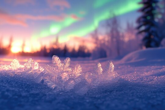 A close-up of intricate ice crystals sparkling on snow, illuminated by a vibrant sunset and the ethereal green glow of the Northern Lights. Magical winter landscape.
