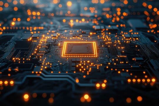 A futuristic circuit board pulses with orange light, highlighting a central processing unit, symbolizing digital technology, data flow, and advanced computing. - Powered by Adobe