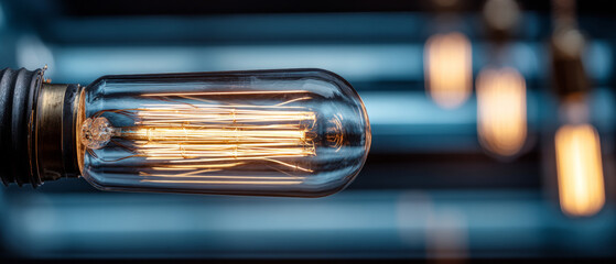 Obraz premium A close up of a glowing filament bulb with others out of focus in the background