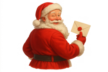 Santa claus, winking and holding a wish letter with a wax seal, sending christmas greetings and holiday cheer
