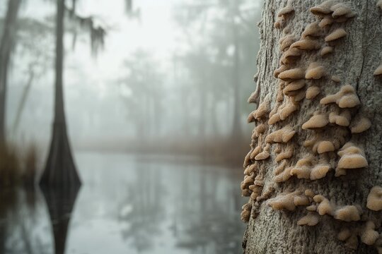 Light-brown bracket fungi densely cover a tree trunk, set against a mysterious, fog-shrouded swamp with blurred tree reflections.