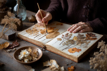 Autumn botanist carefully arranging pressed leaves in a vintage nature journal, a serene and cozy fall craft