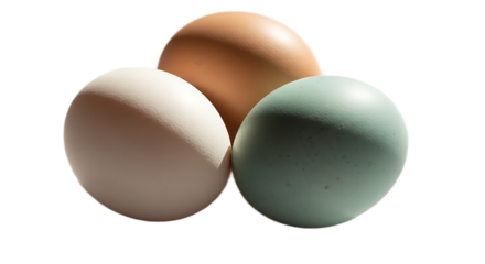 A close up shot of three eggs of different colors stacked together on a black background surface