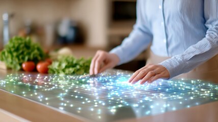 Fototapeta premium Woman interacting with holographic kitchen counter showing glowing lights and vegetables, concept of futuristic smart home cooking