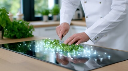 Chef cutting fresh herbs on futuristic smart kitchen surface with glowing holographic interface, concept of AI and food technology