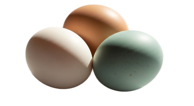 A close up shot of three eggs of different colors stacked together on a black background surface