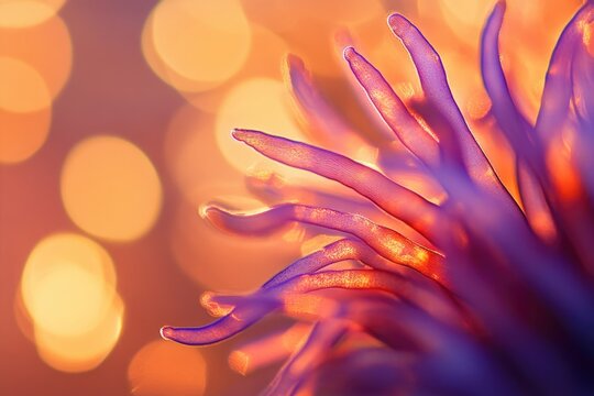 Abstract macro photo showcasing translucent purple-orange structures against a warm, bokeh-filled background, creating an ethereal, glowing effect. - Powered by Adobe