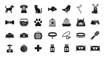Comprehensive collection of solid glyph icons for pet care, veterinary services, and animal supplies © Steven