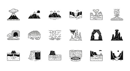 A diverse set of glyph icons depicting natural geological formations and terrain features, including volcanoes, canyons, mountains, and caves for infographics