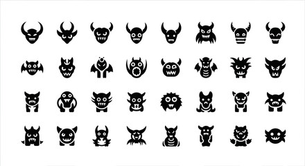 Collection of unique vector monster and devil head icons. A set of thirty-six stylized evil character glyphs for creative design projects © Steven