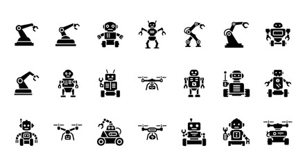 Glyph icon pack of various robots, including androids, drones, and automated robotic arms for future technology concepts