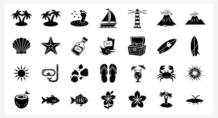 A collection of simple black glyph icons representing summer vacation, tropical beach life, and ocean travel adventures