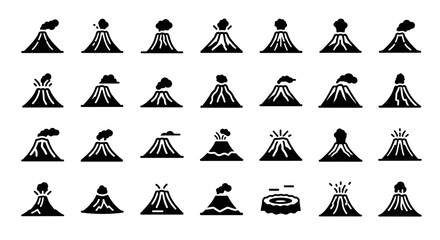 A diverse set of black silhouette volcano icons showing various states of eruption. A collection of geological vector symbols for graphic design