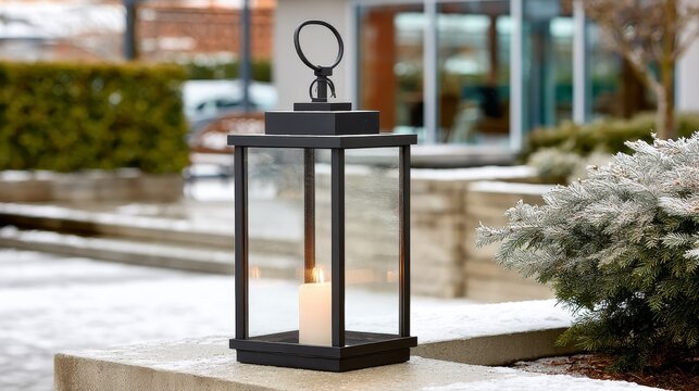 Elegant black metal lantern with glowing candle in snowy outdoor setting, frosted evergreen tree nearby, serene winter scene with soft natural light and calm, cozy atmosphere