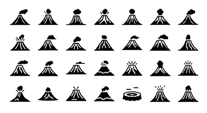 A diverse set of black silhouette volcano icons showing various states of eruption. A collection of geological vector symbols for graphic design