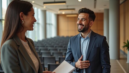Happy businessman talking to his female colleague after seminar in conference hall. Arabic style. Muslim businessman.
