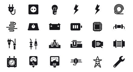 A comprehensive glyph icon set representing electricity, electronics, and power supply components for technology projects