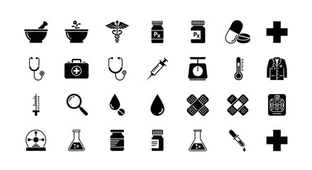 A set of solid glyph icons for medicine, healthcare, and pharmacy. This collection features hospital equipment and science laboratory vector symbols