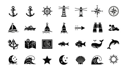 A collection of nautical and marine symbols. A glyph icon set for sea travel and sailing adventures