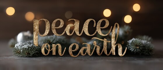 Golden Peace on Earth Holiday Message with Festive Christmas Tree Branch and Bokeh Lights for a Warm and Joyful Seasons Greetings