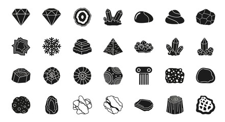 A diverse collection of solid black icons depicting geological minerals, precious gems, fossils, and ancient historical structures © Steven