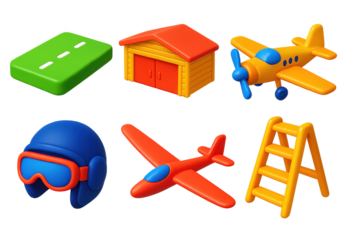 Airfield Icon Set. 3D icon set of airfield scenery: grassy runway, wooden hangar, tow plane, pilot helmet, glider wing, flight