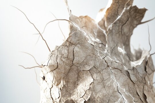 A close-up of a highly textured, dry, cracked surface resembling withered parchment or aged bark, with delicate tendrils reaching upwards.